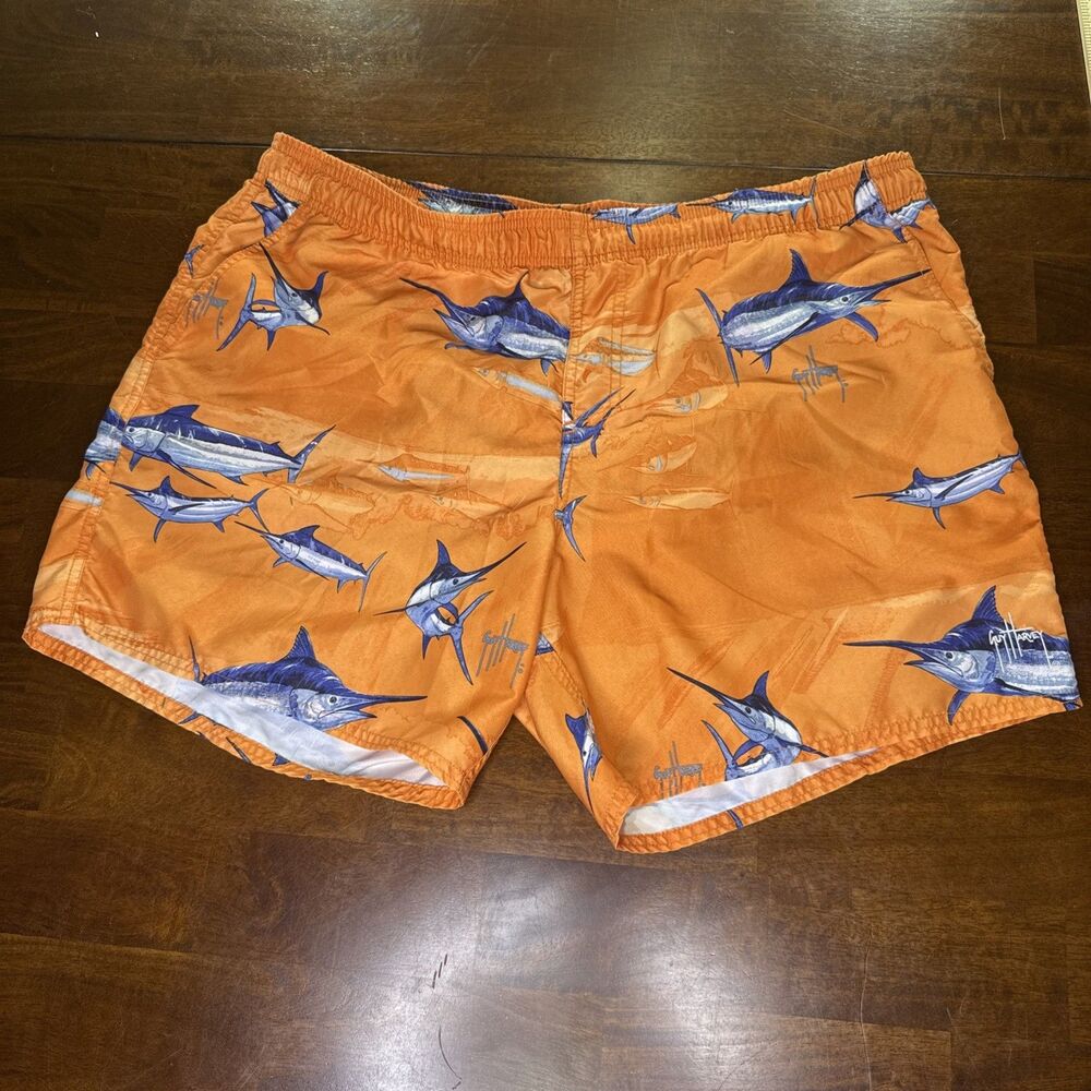 Guy Harvey Mens Size XL Orange Blue Marlin Fish Print Swim Trunks Board Shorts